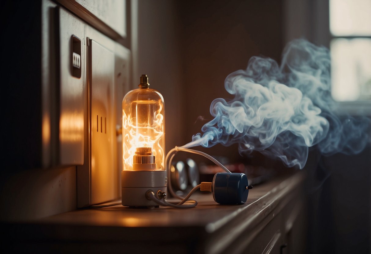 A house with smoke coming from an electrical outlet. A person unplugging overloaded sockets and using surge protectors. A fire extinguisher nearby