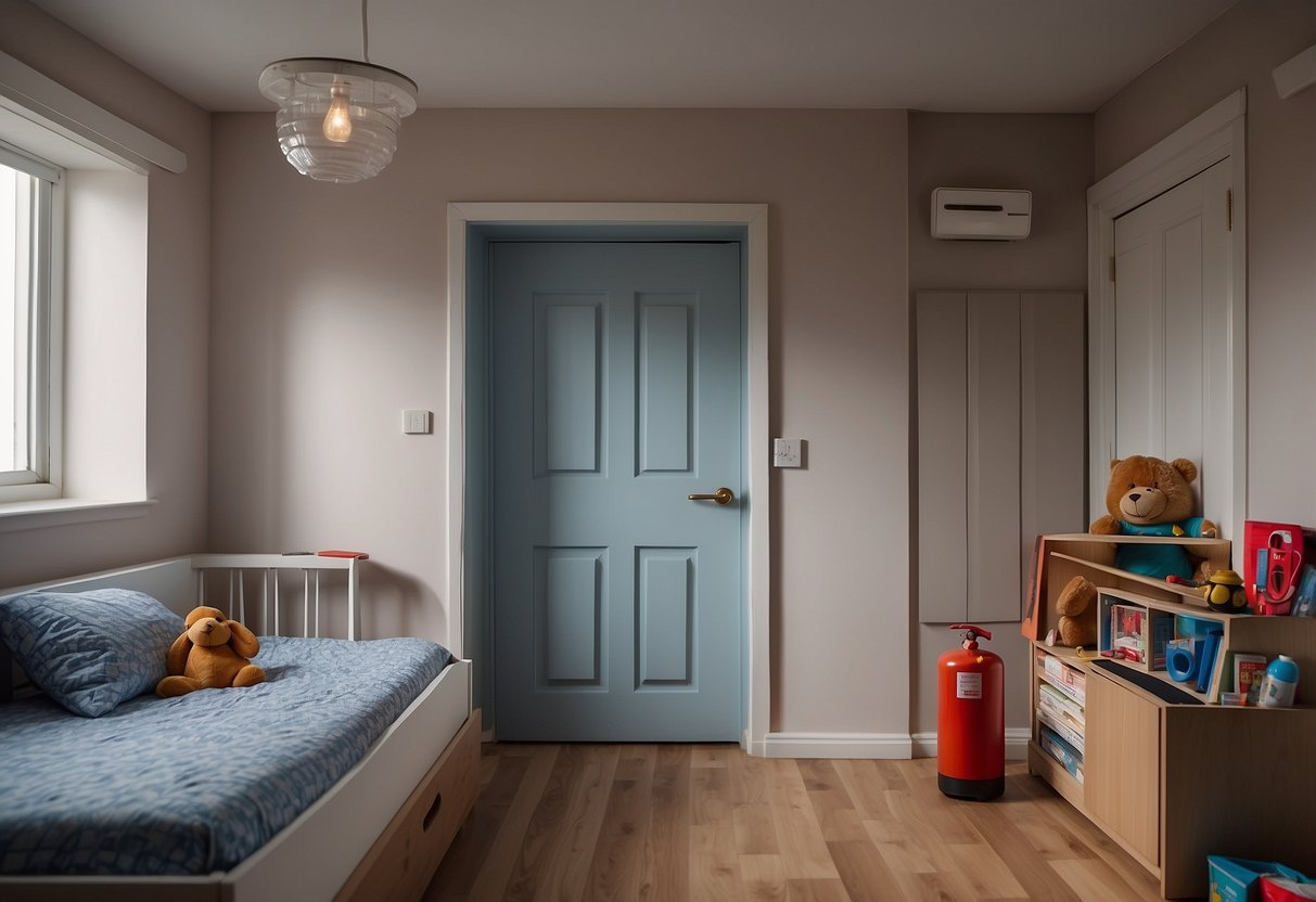 A child's bedroom with a closed door, a smoke alarm on the ceiling, a fire extinguisher nearby, and a clear escape route