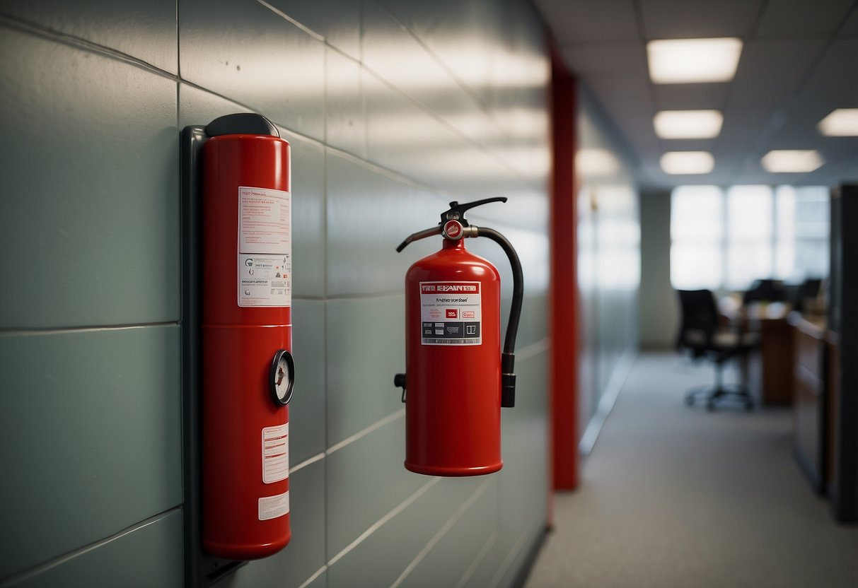 A fire extinguisher mounted on a wall next to a fire alarm, with clear signage indicating its location