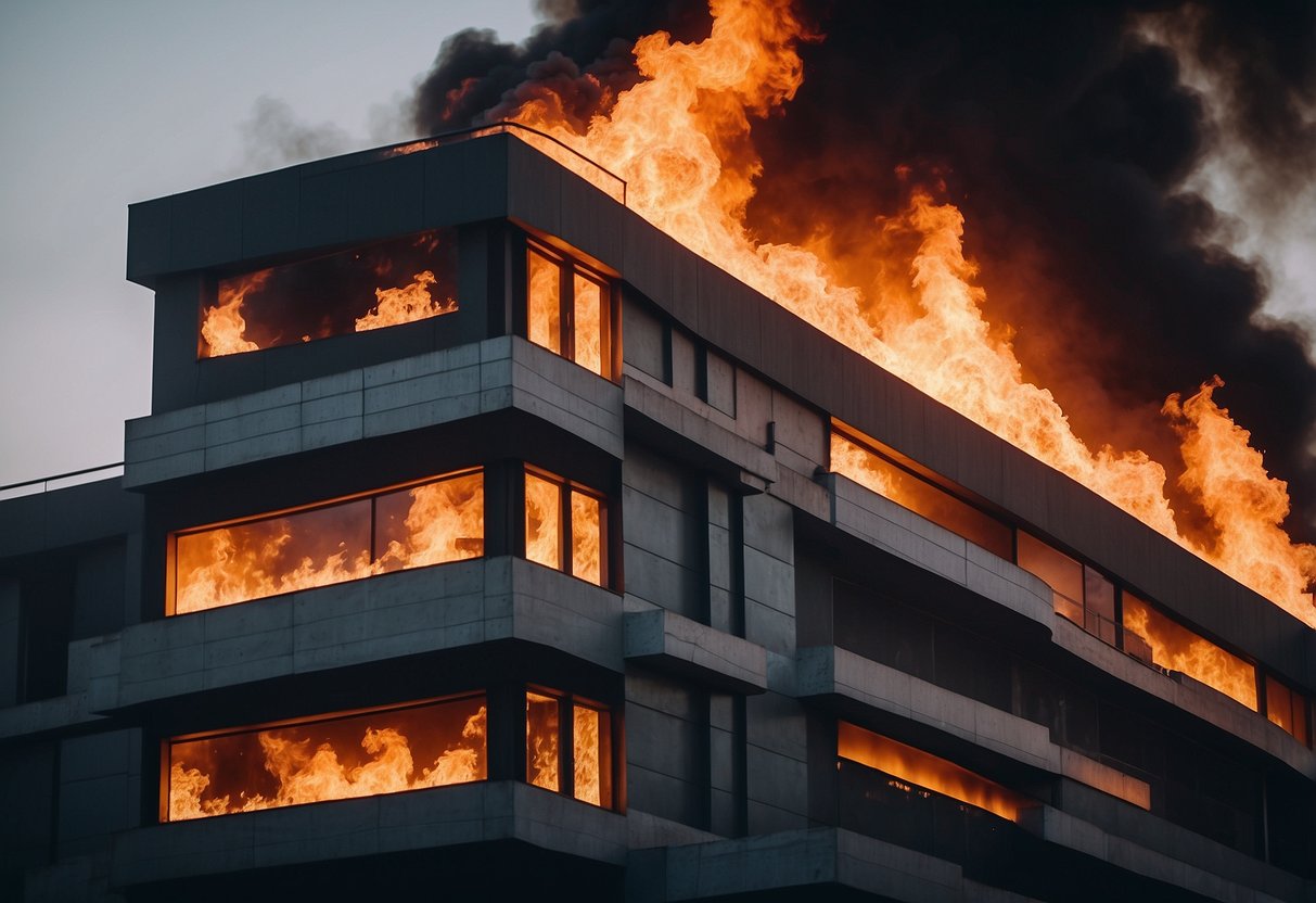 A building constructed with fire-resistant materials stands strong amidst flames, protecting lives inside