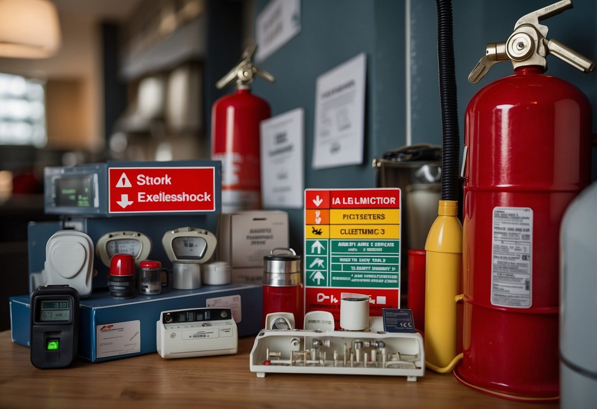 A house with smoke alarms, fire extinguishers, and emergency exit signs. A checklist with items like checking electrical wiring and testing smoke detectors