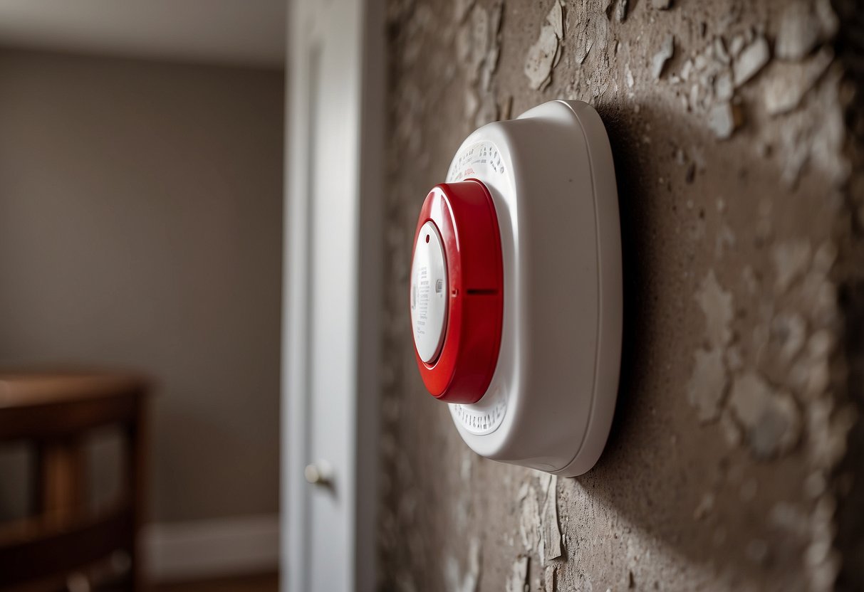 A smoke alarm with a red X, surrounded by dusty cobwebs. Nearby, a list of "10 Signs Your Home Needs a Fire Safety Check" is tacked to the wall