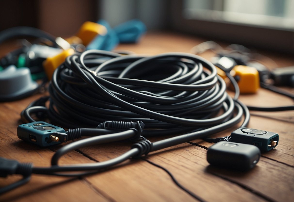 Frayed electrical cords lay tangled on the floor, surrounded by scattered household items