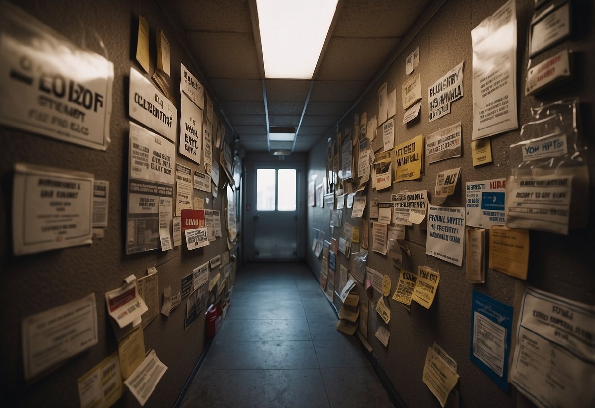 A cluttered room with blocked exits, 10 fire safety signs posted on the wall