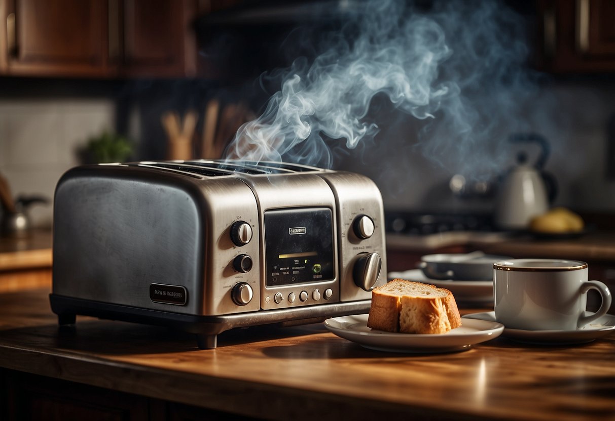 A toaster with frayed cords emits sparks, a smoke detector with dead batteries, and a microwave with a broken door are all signs of potential fire hazards in a home