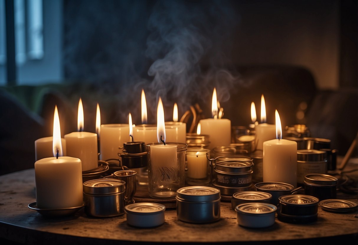 Unattended candles burning near flammable items in a cluttered room. Smoke detector with dead batteries. Overloaded power strips