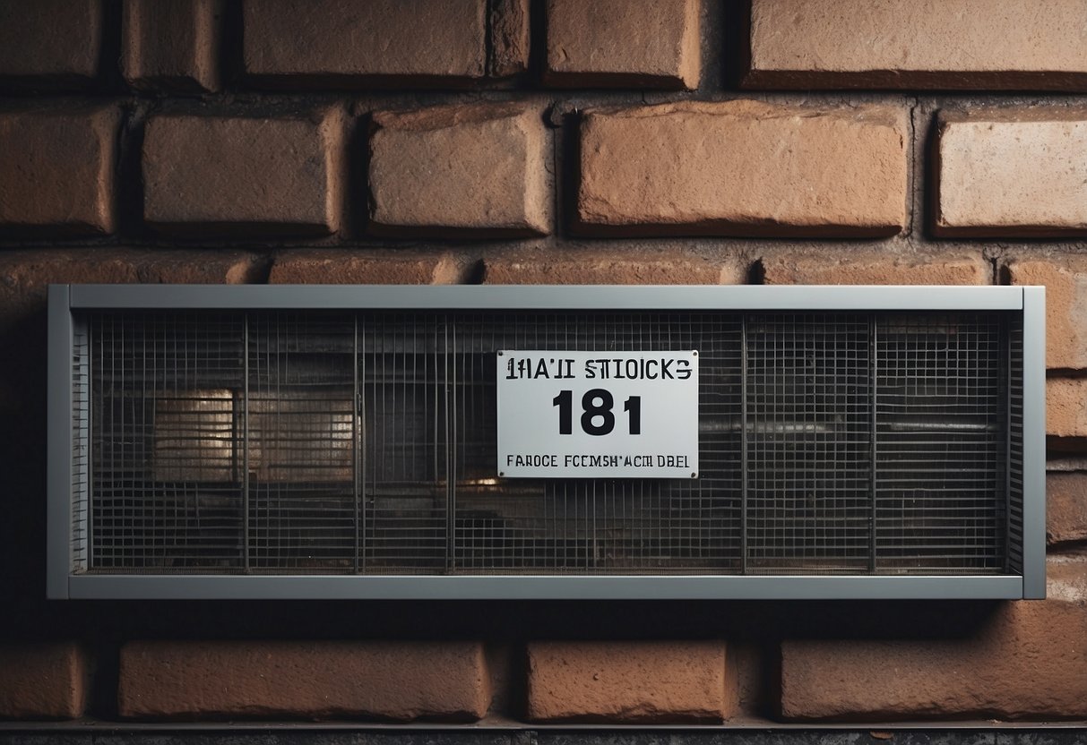 A blocked ventilation grill with dust and debris, surrounded by 10 fire safety signs on the wall