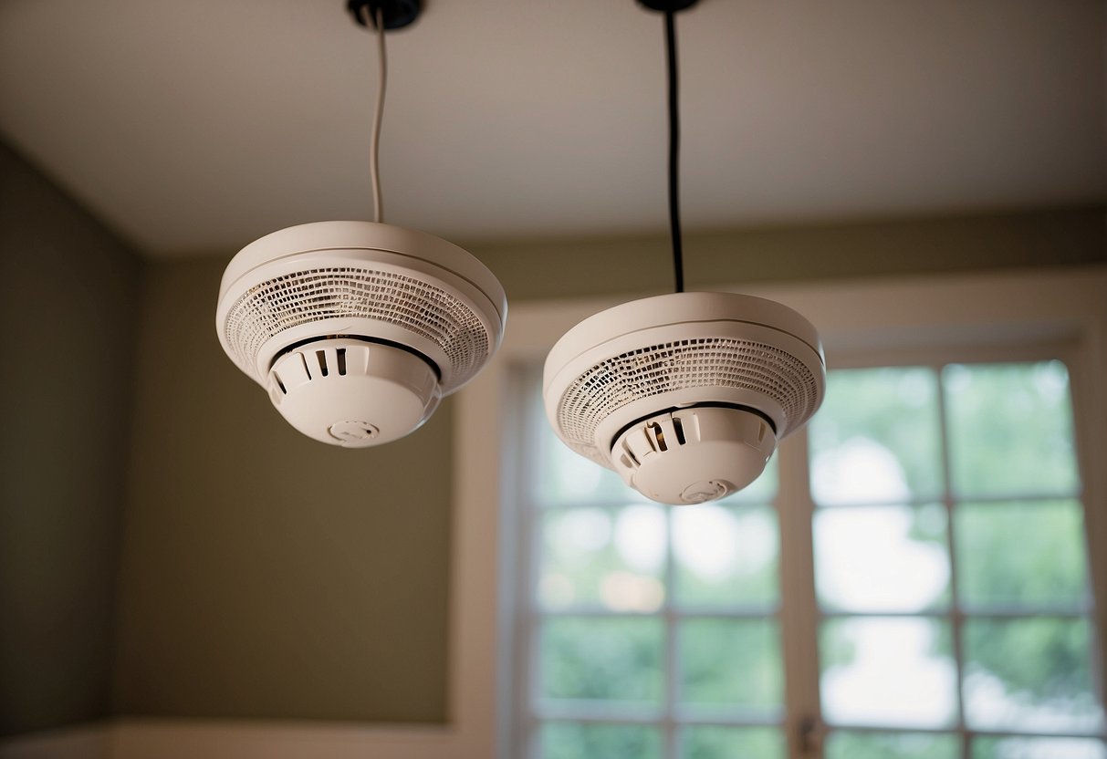 Dusty smoke detectors hang from the ceiling, signaling neglect. A list of "10 Signs Your Home Needs a Fire Safety Check" is posted nearby