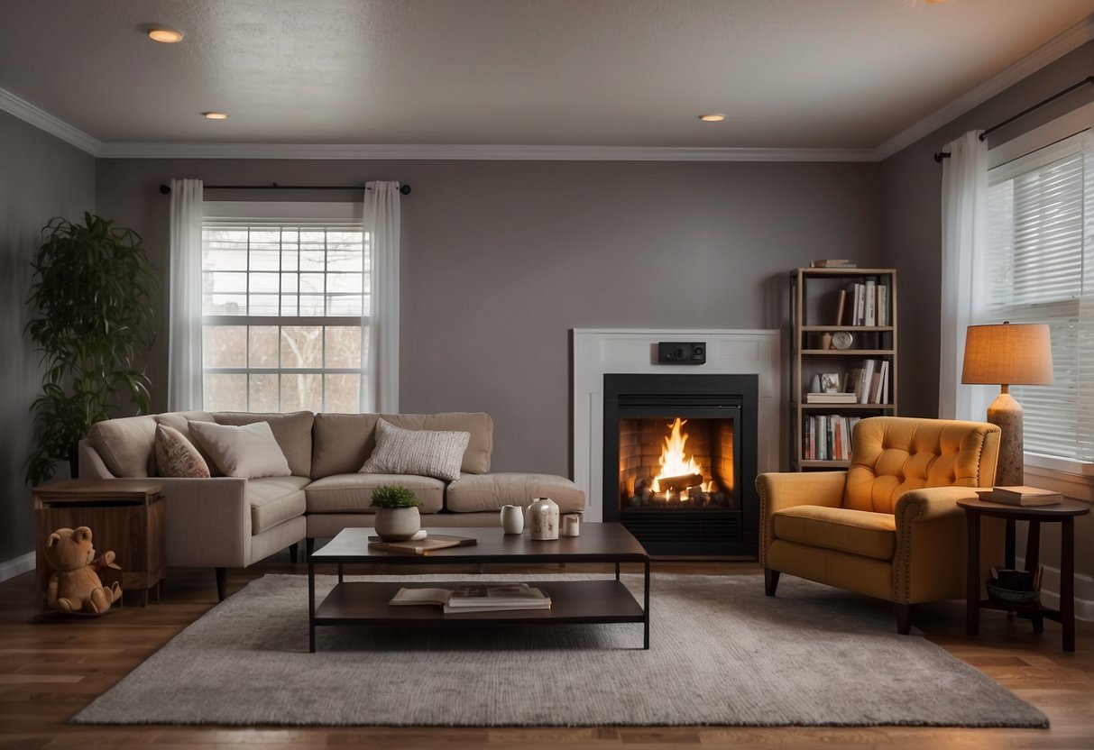 A cozy living room with smoke alarms on the ceiling, a fire extinguisher on the wall, and a clear escape route. No clutter or flammable items near heat sources