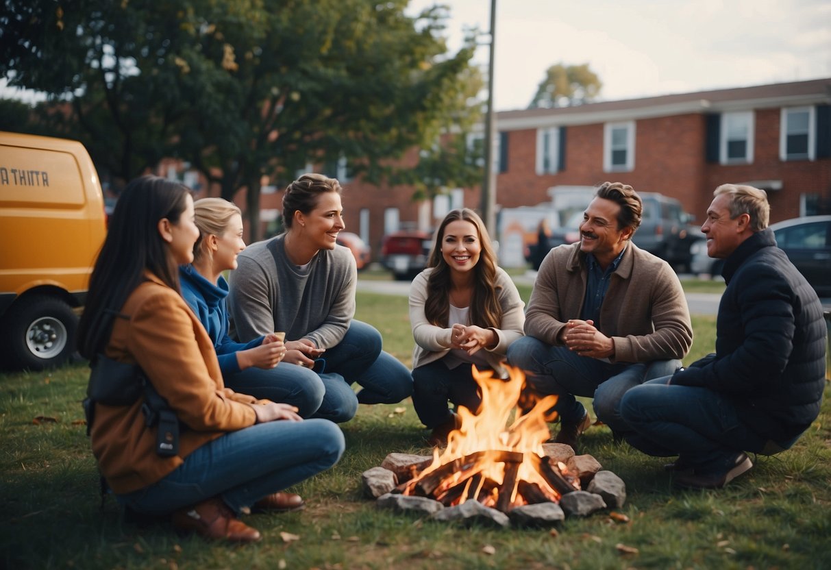 A family gathering around a designated meeting spot during a fire drill practice