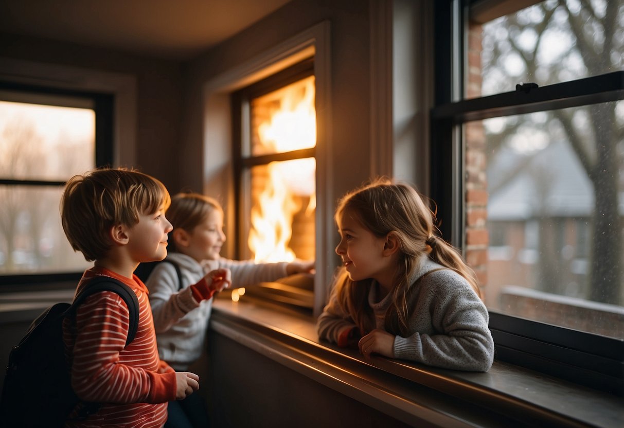 Children practicing opening windows in a fire drill at home