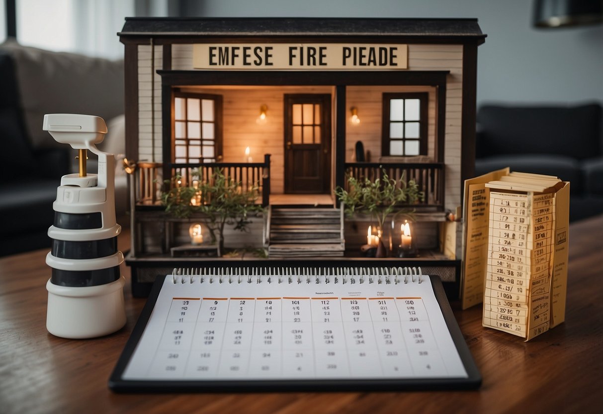 A family home with a fire escape plan posted on the wall, a list of emergency contacts, and a calendar showing seven fire drill practices