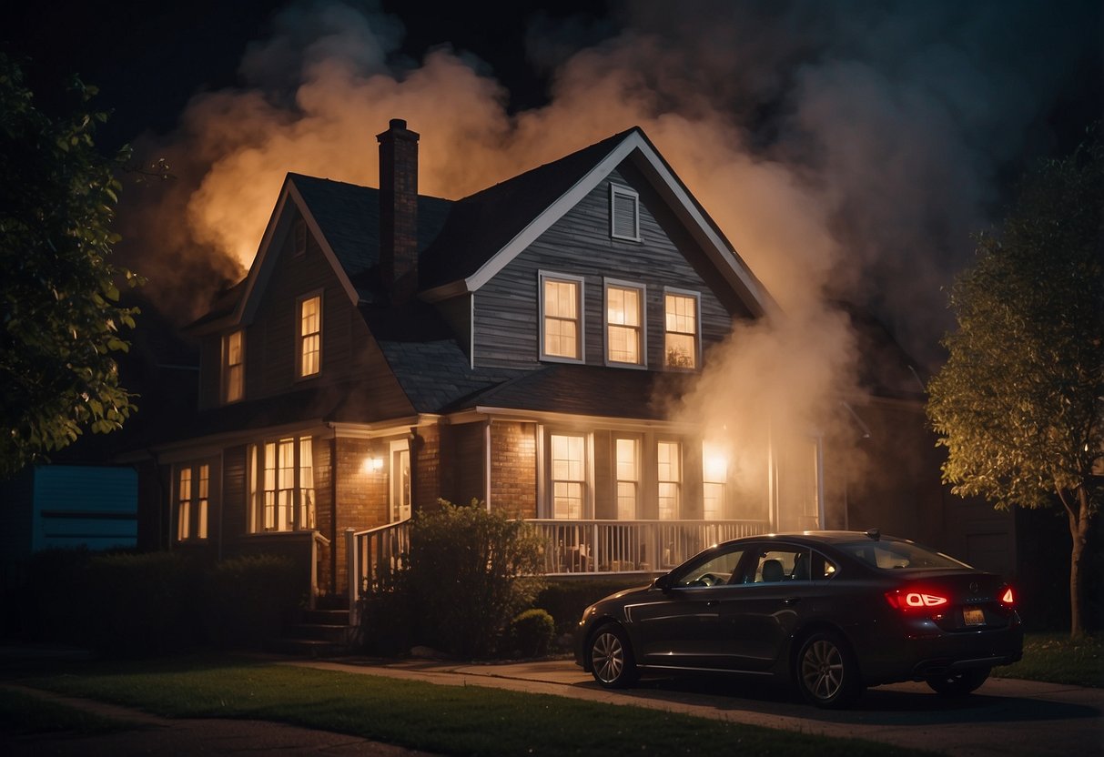 A family home at night, with all lights off. Smoke alarms blaring, family members practicing fire escape routes from different rooms