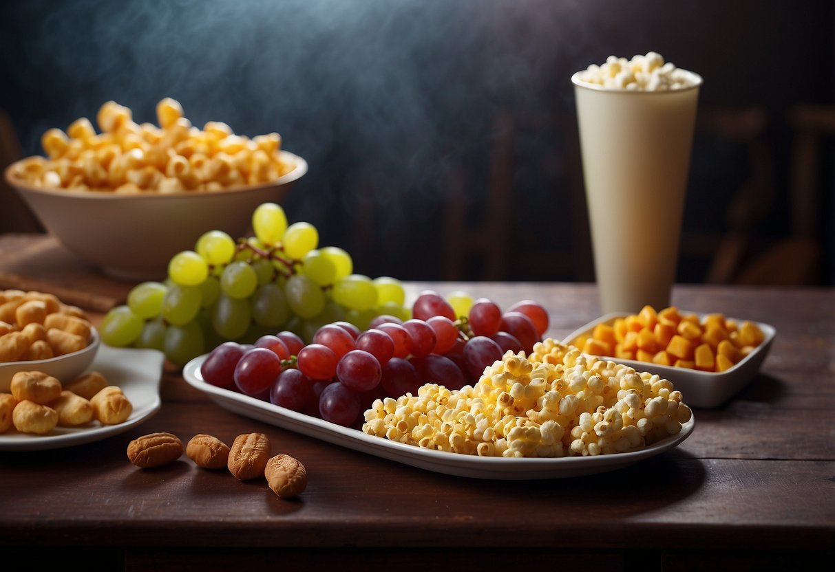 Various foods scattered on a high chair tray. Grapes, hot dogs, popcorn, and small candies are visible. No hands or human subjects present