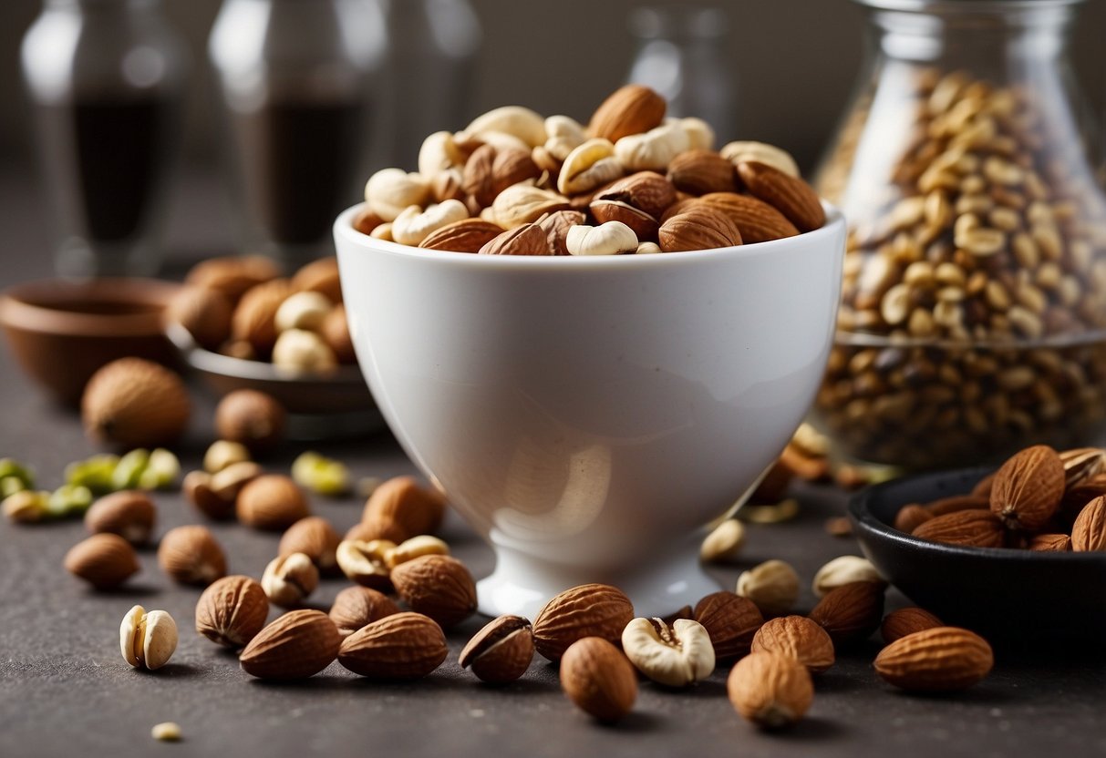 A variety of nuts and seeds scattered on a table, with some spilling out of a bowl. A warning sign or caution tape nearby