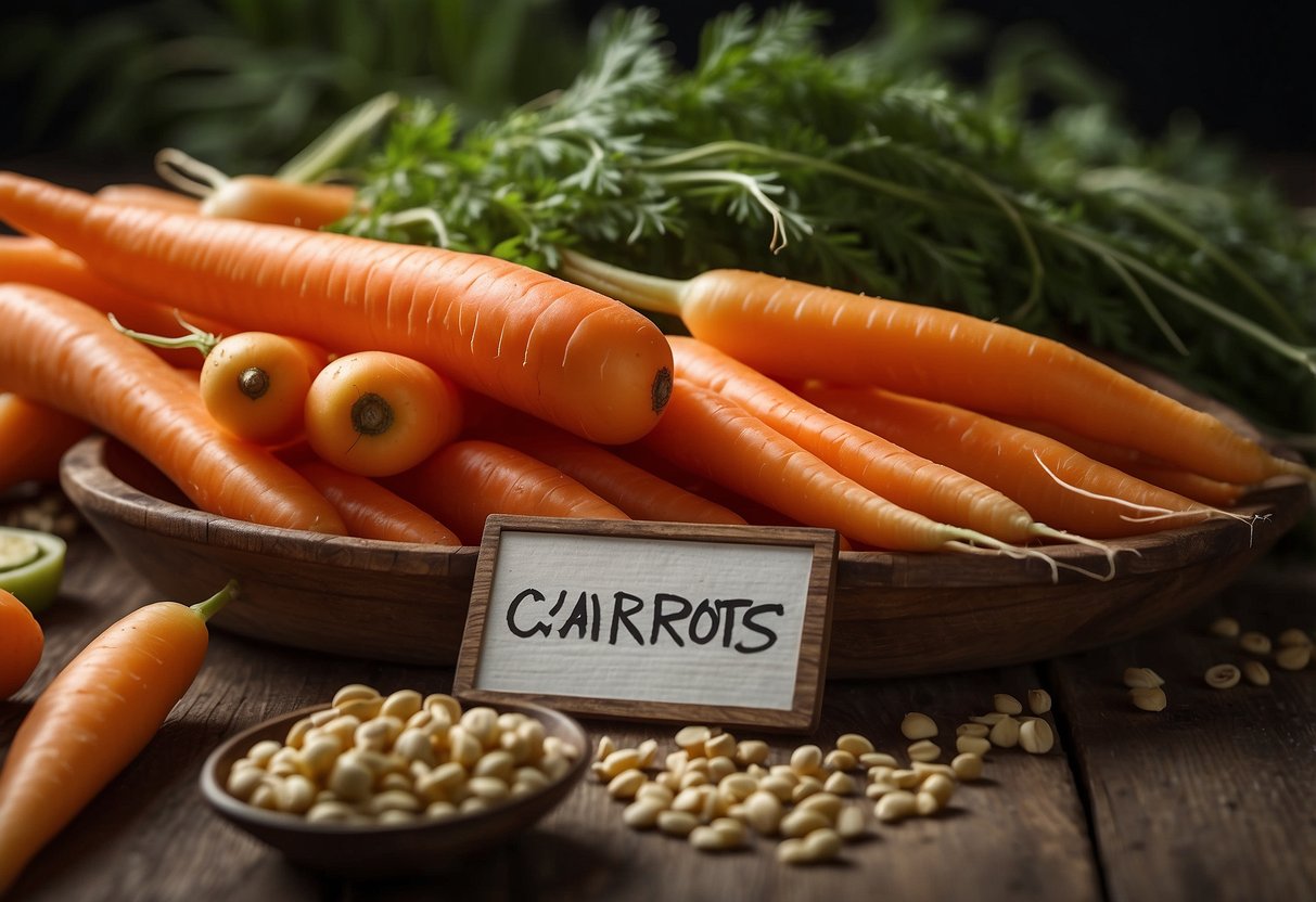 A pile of raw carrots surrounded by other small foods, with a warning sign nearby