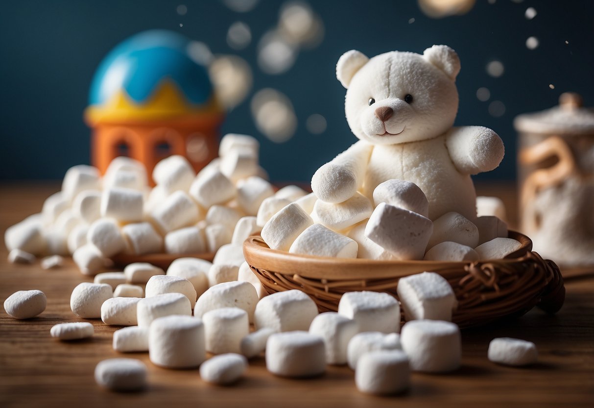 A pile of marshmallows scattered on a table, some whole and others partially chewed, with a small child's toy nearby