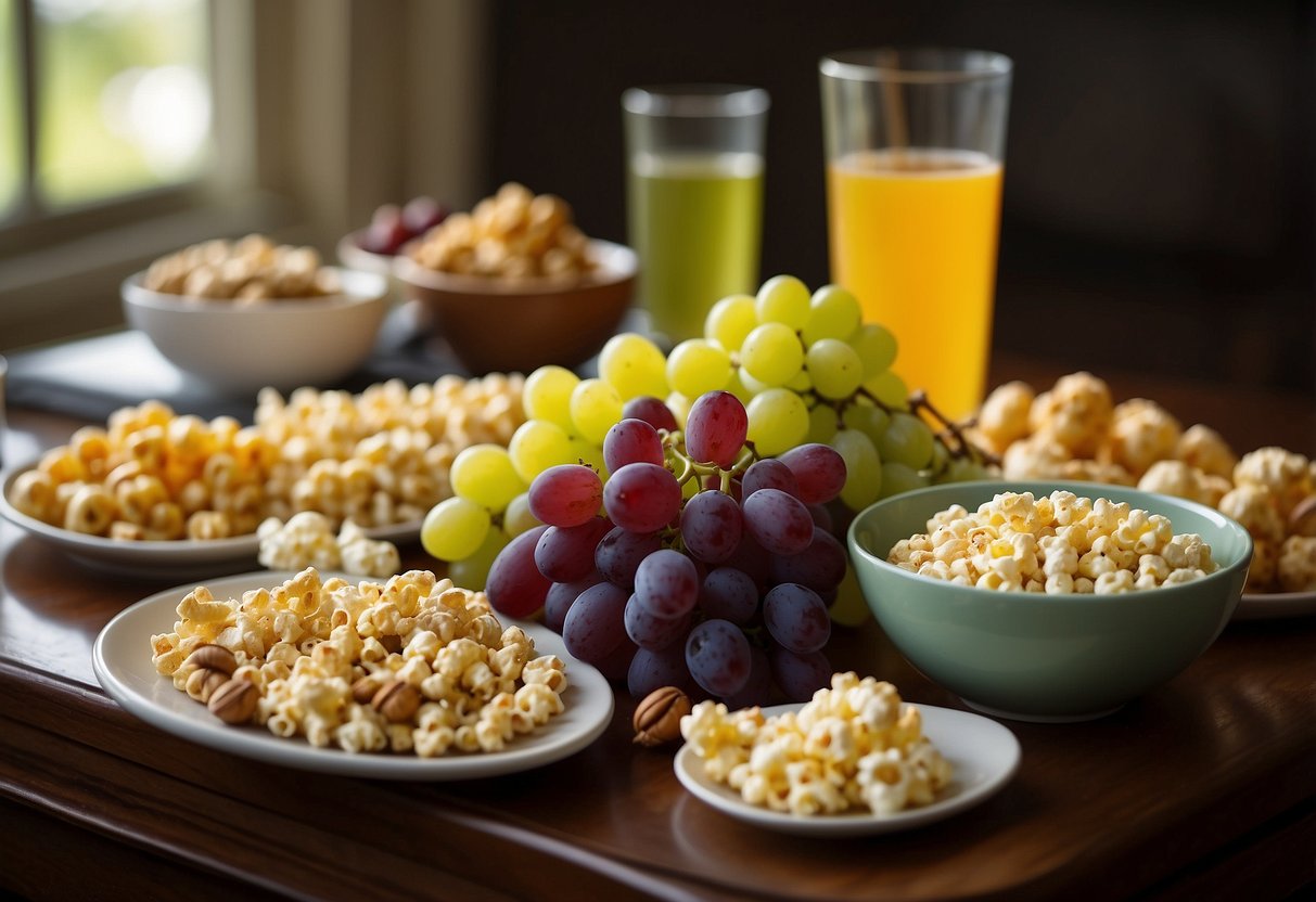 A table with various small foods, such as grapes, nuts, and popcorn, surrounded by child safety items like cut-up food, child-safe utensils, and a first aid kit