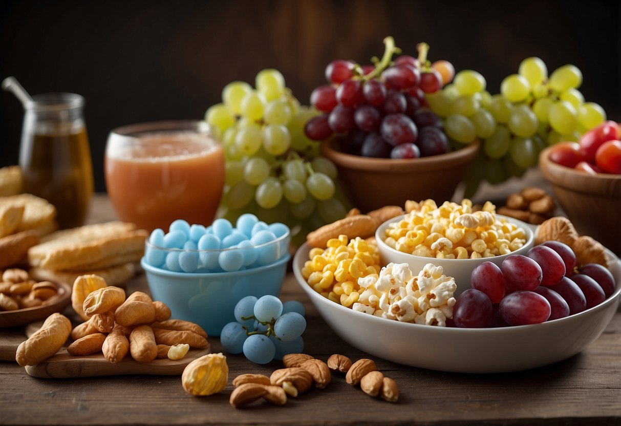 A table with colorful, appetizing foods like nuts, popcorn, whole grapes, hot dogs, and hard candies labeled "Avoid" for young children