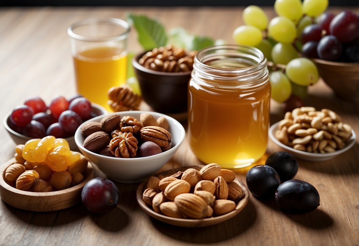 A table with a variety of foods, including honey, with a red X over certain items like whole nuts and grapes