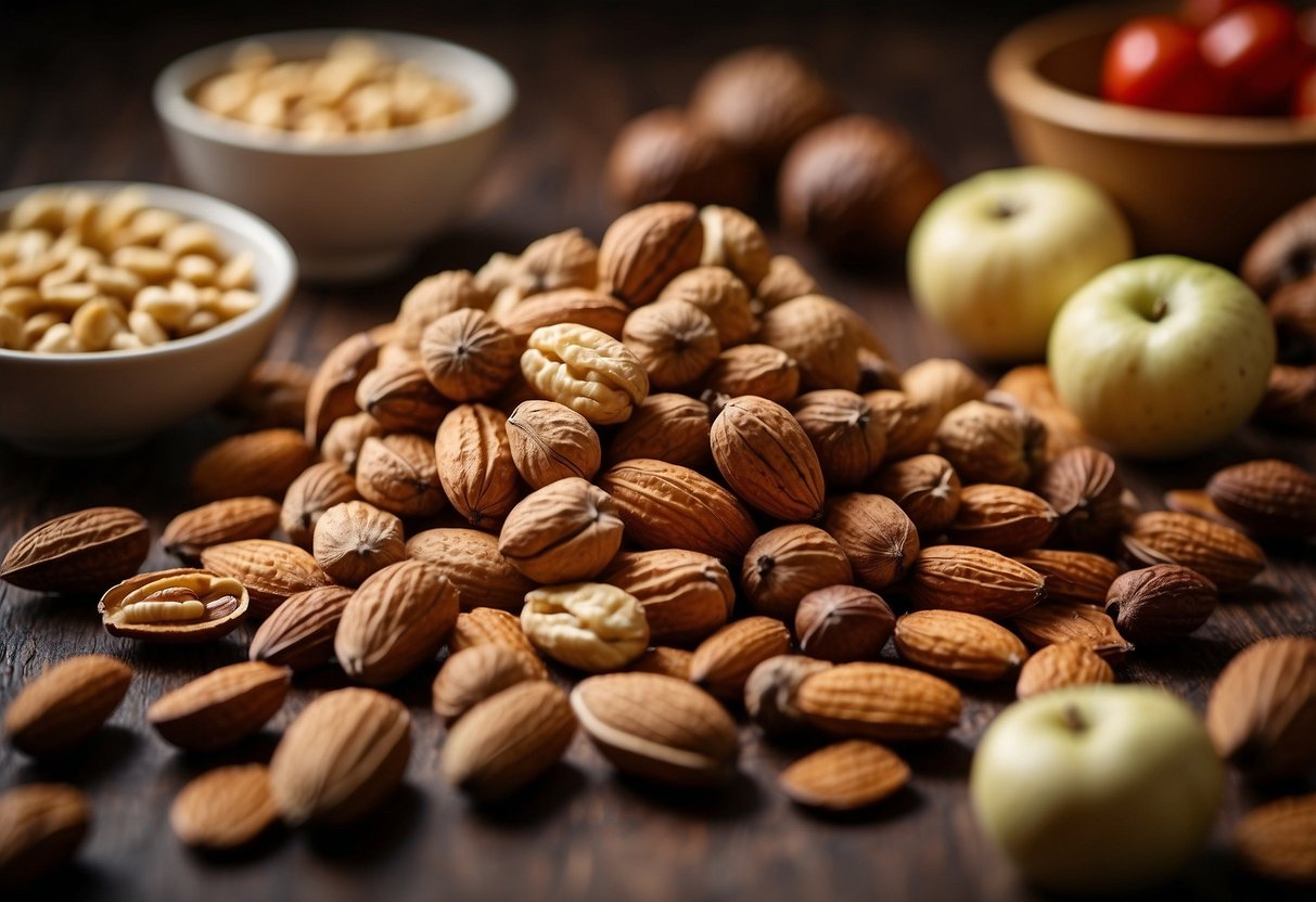 A pile of whole nuts with a red "X" over them, surrounded by other child-friendly foods