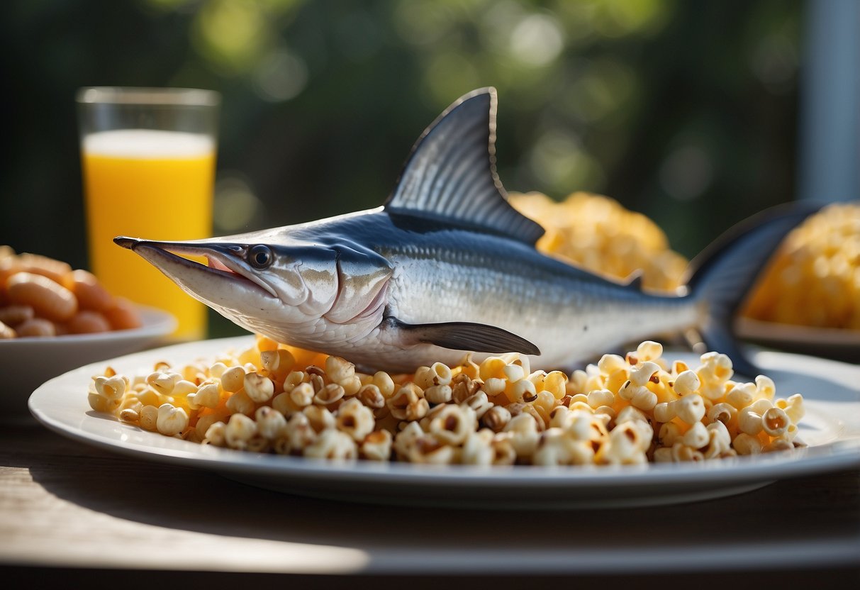 A swordfish swimming away from a plate of forbidden foods: popcorn, whole grapes, hot dogs, hard candy, and nuts