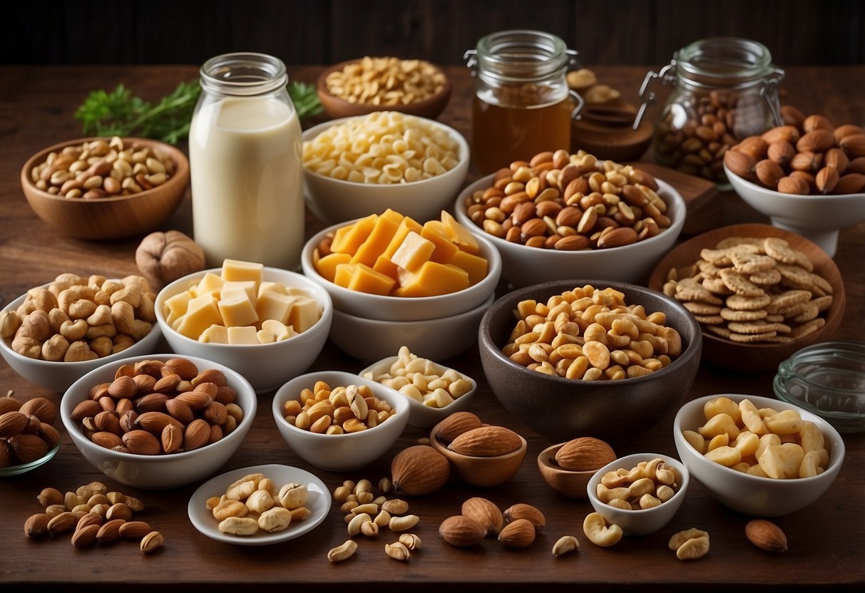 A table with a variety of foods, including whole nuts, honey, sugary snacks, processed meats, and unpasteurized dairy products, labeled with a red "X" to indicate they are not suitable for young children