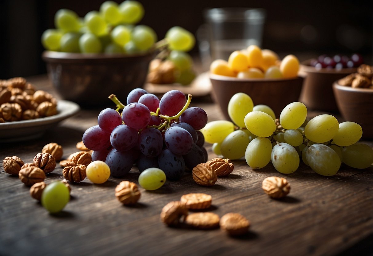 A table set with various small food items, including grapes, nuts, and candies. A child's toy and other small objects scattered on the floor. A family gathering in the background