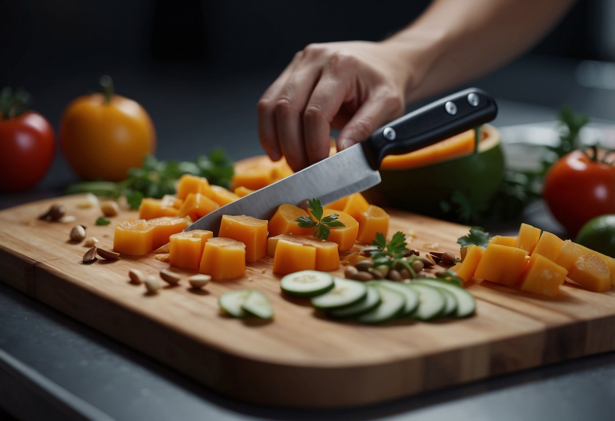 Food being cut into small pieces on a cutting board. Knife slicing through various foods