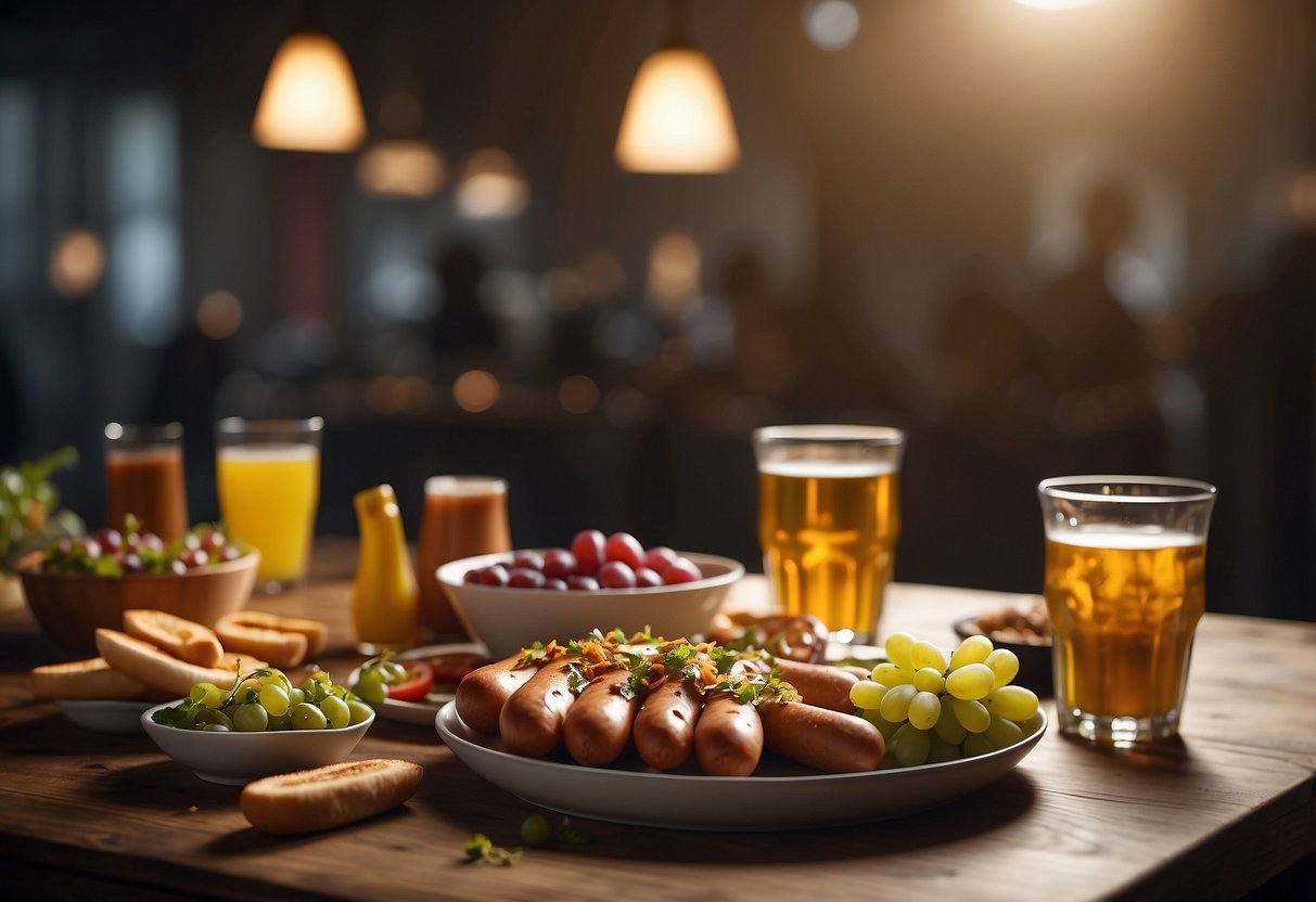 A table with scattered grapes and hot dogs, surrounded by warning signs