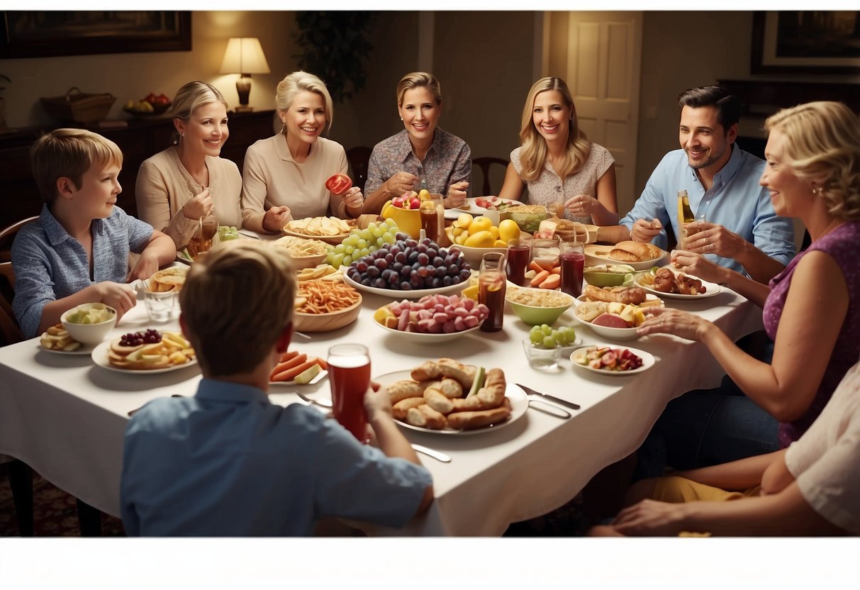 Family gathering, food on table, people seated. Sign with "Discourage talking while eating" displayed. Items like grapes, hotdogs cut lengthwise, and small candies cut in half to prevent choking