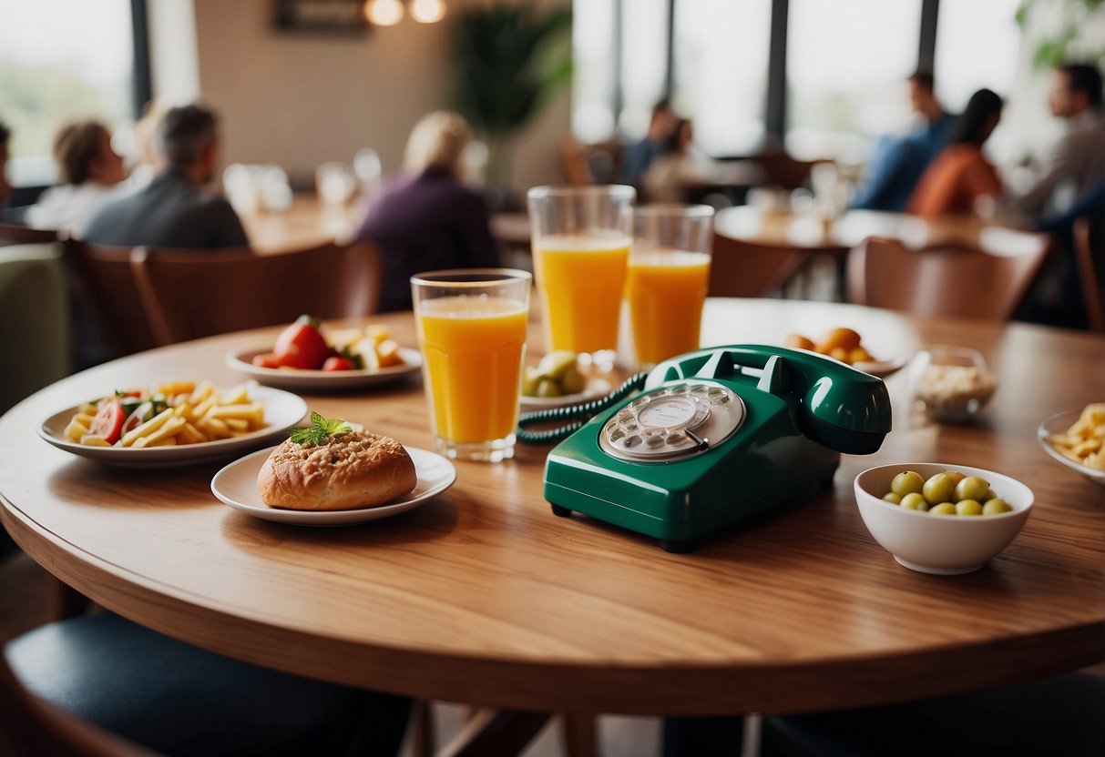 An emergency phone on a table, surrounded by food and drinks. A family gathering with people chatting in the background