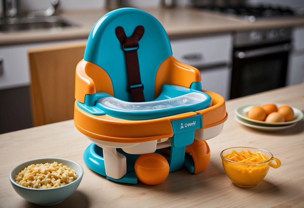 A child's high chair with a safety harness, a small food cutter, a mesh feeder, a baby spoon, a sippy cup, a child-size fork and knife, a food masher, a child's plate with sections, a child's