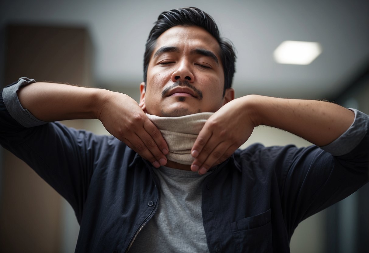 Hand sweeping across neck, demonstrating choking first aid technique