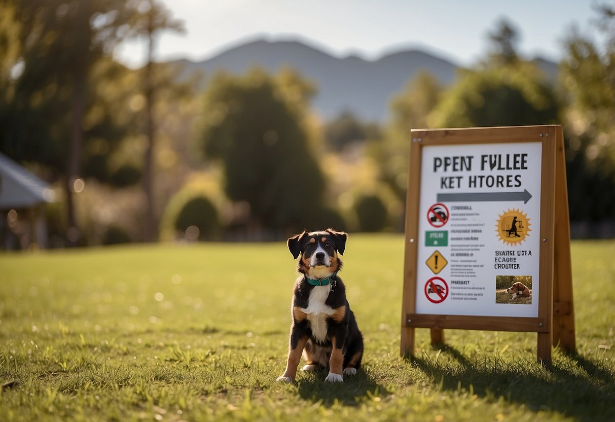 A child sees a sign with 10 pet safety rules, featuring crossed out images of a snake, dog, and cat. The sun is shining and birds are flying in the background