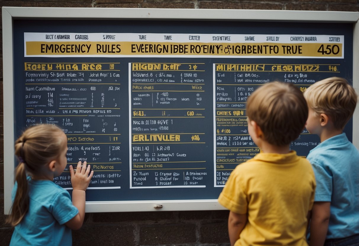 Children reading a poster with emergency numbers and pet safety rules