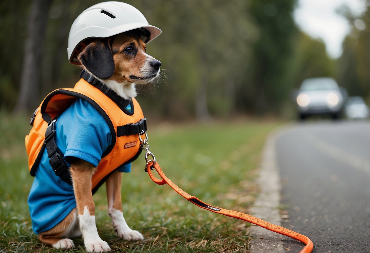 A child in a helmet and gloves holding a leash with a dog wearing a harness and reflective collar, standing next to a "Wear Protective Gear When Necessary" sign