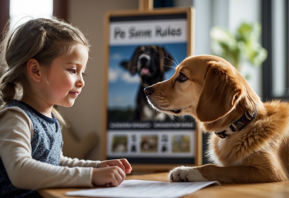 A dog and cat sit next to a child, who points to a list of pet safety rules on a poster. The child looks engaged and eager to learn