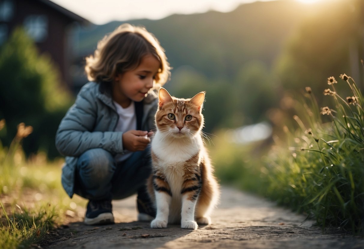 Animals in various settings: a dog on a leash, a cat in a home, a child playing with a pet, a wildlife encounter, a veterinarian giving a check-up, a person feeding a wild animal, and a person approaching a stray animal