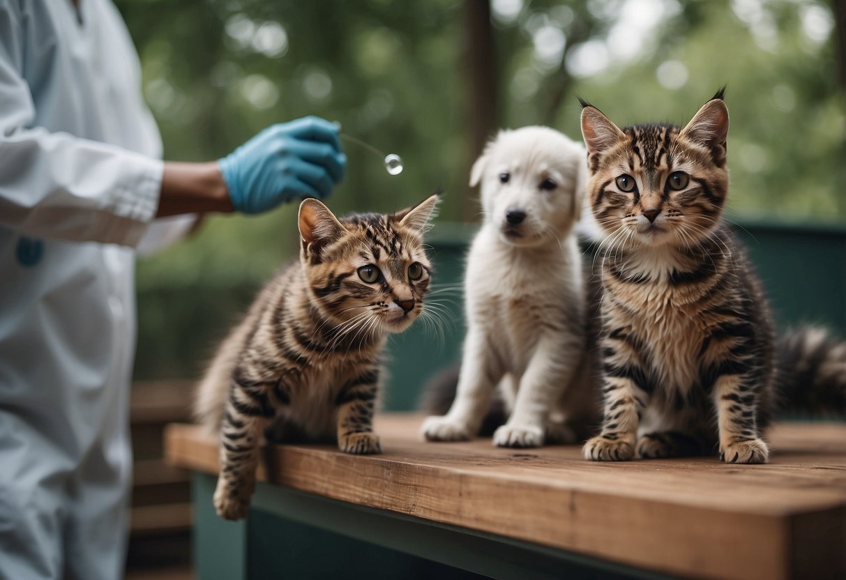 Person in protective clothing handling animals to prevent bites/scratches. 7 tips for safety displayed nearby