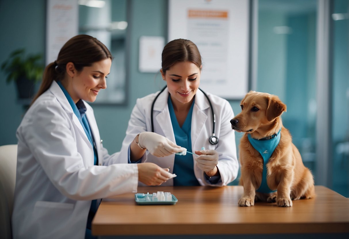 A pet sitting calmly as a veterinarian administers a vaccination. Another pet playing with a toy, while a person displays a poster with tips for preventing animal bites and scratches