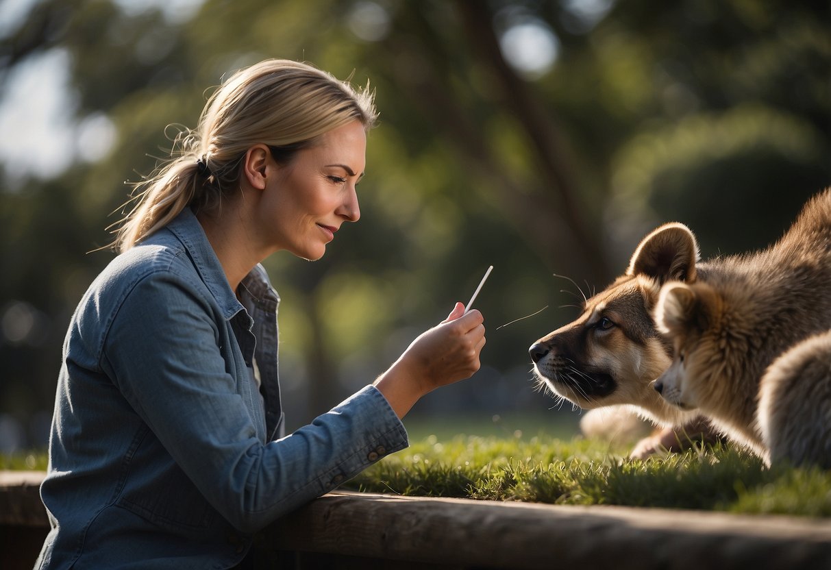 An animal behaviorist observes and records animal interactions, using positive reinforcement and environmental enrichment to prevent bites and scratches