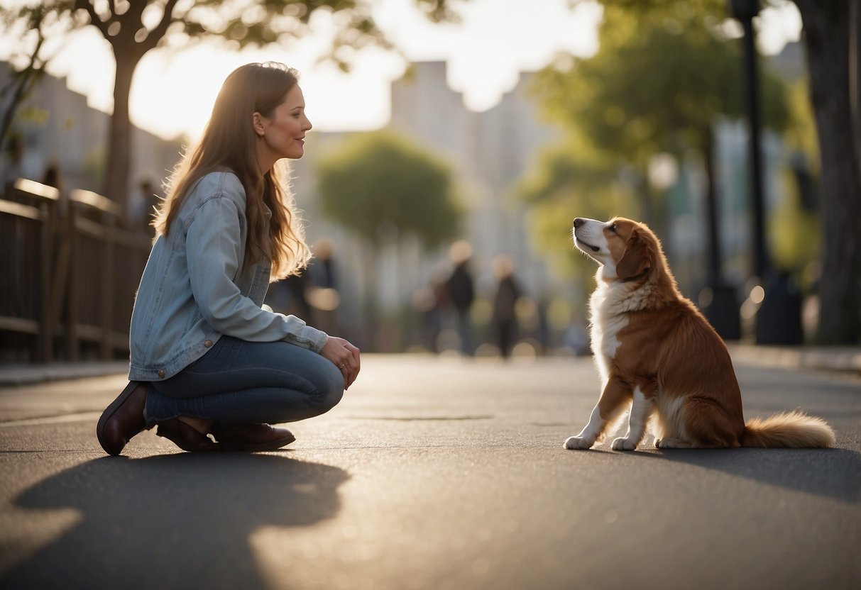 A person using a calm voice and slow movements to approach an animal, avoiding direct eye contact and allowing the animal to approach them on its own terms