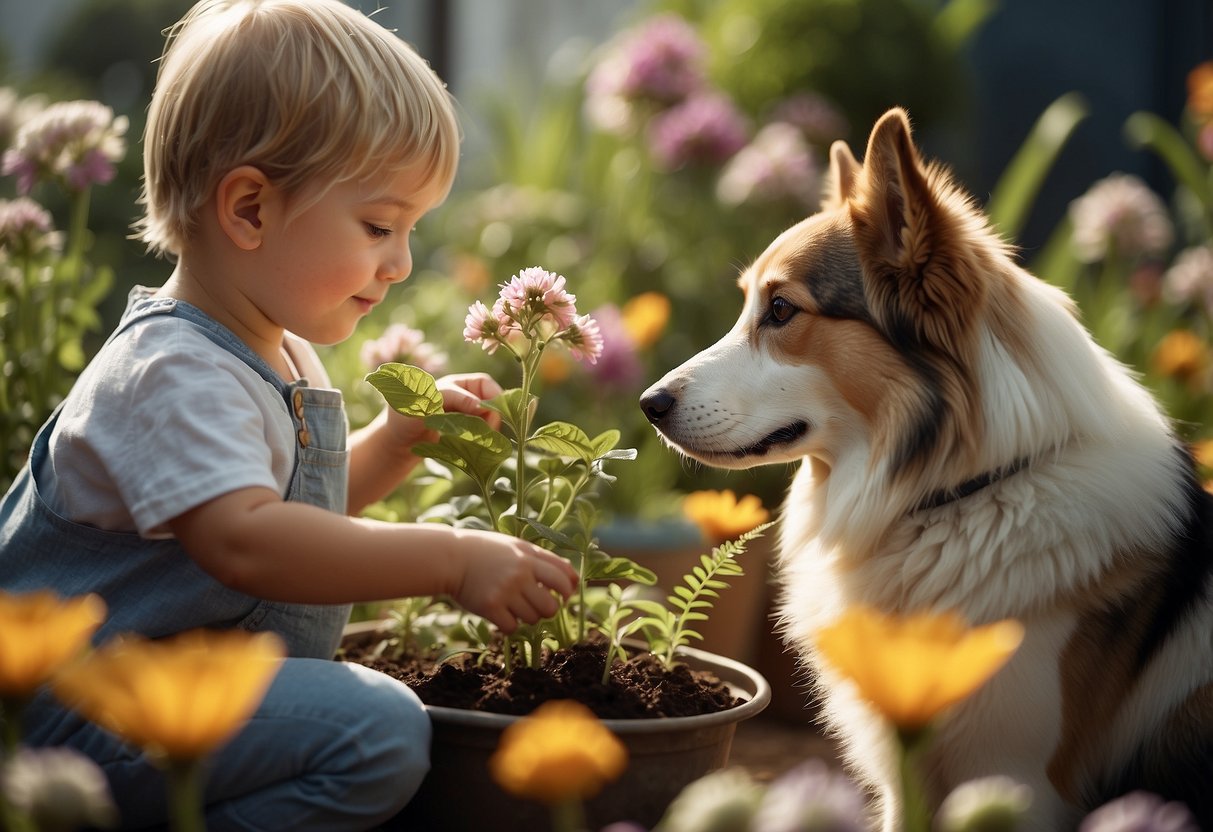 A child gently petting a dog, feeding a bird, observing a butterfly, cleaning a fish tank, and planting flowers for bees