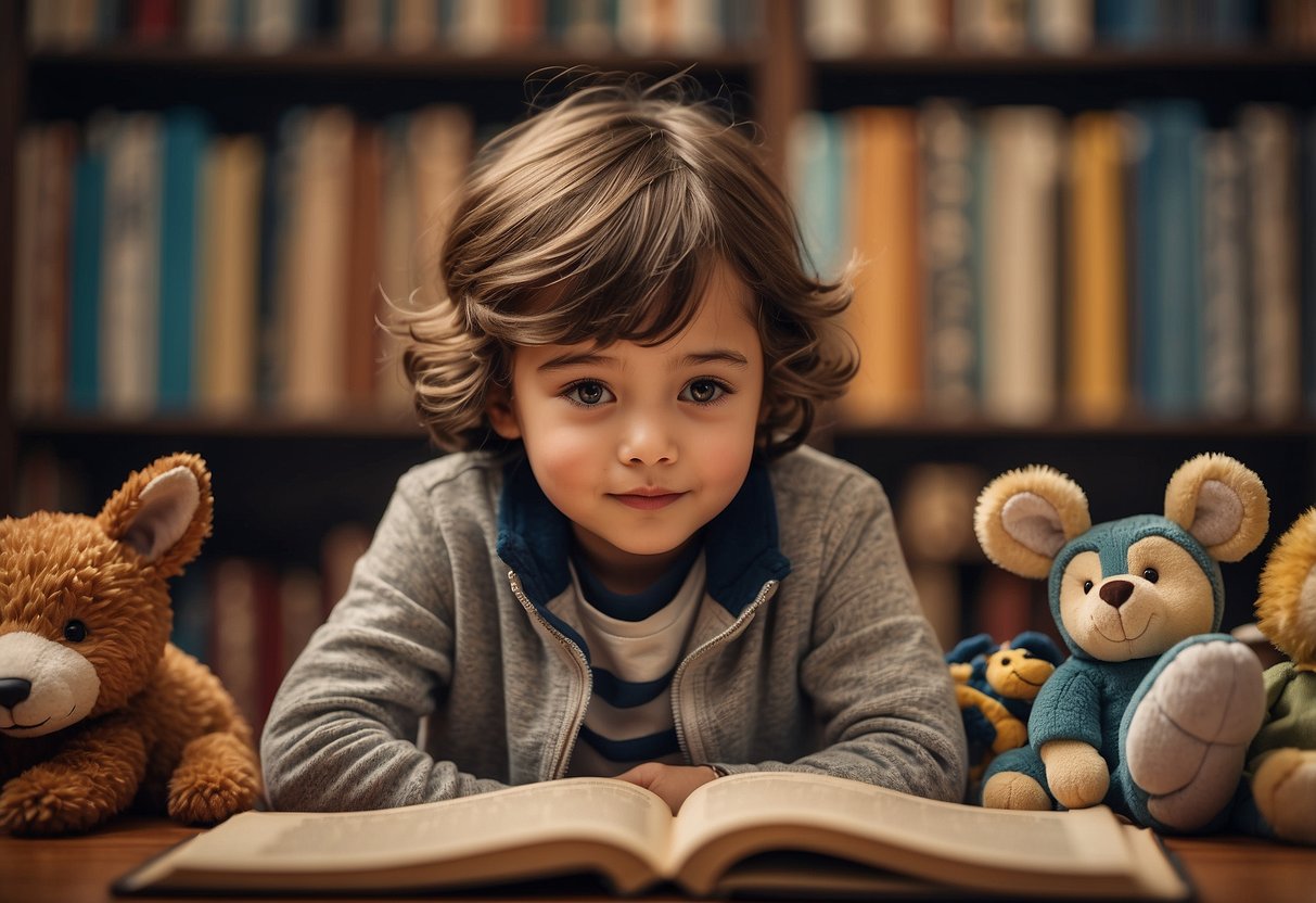 A child sits surrounded by animal-themed books, showing respect by gently turning pages and admiring the illustrations