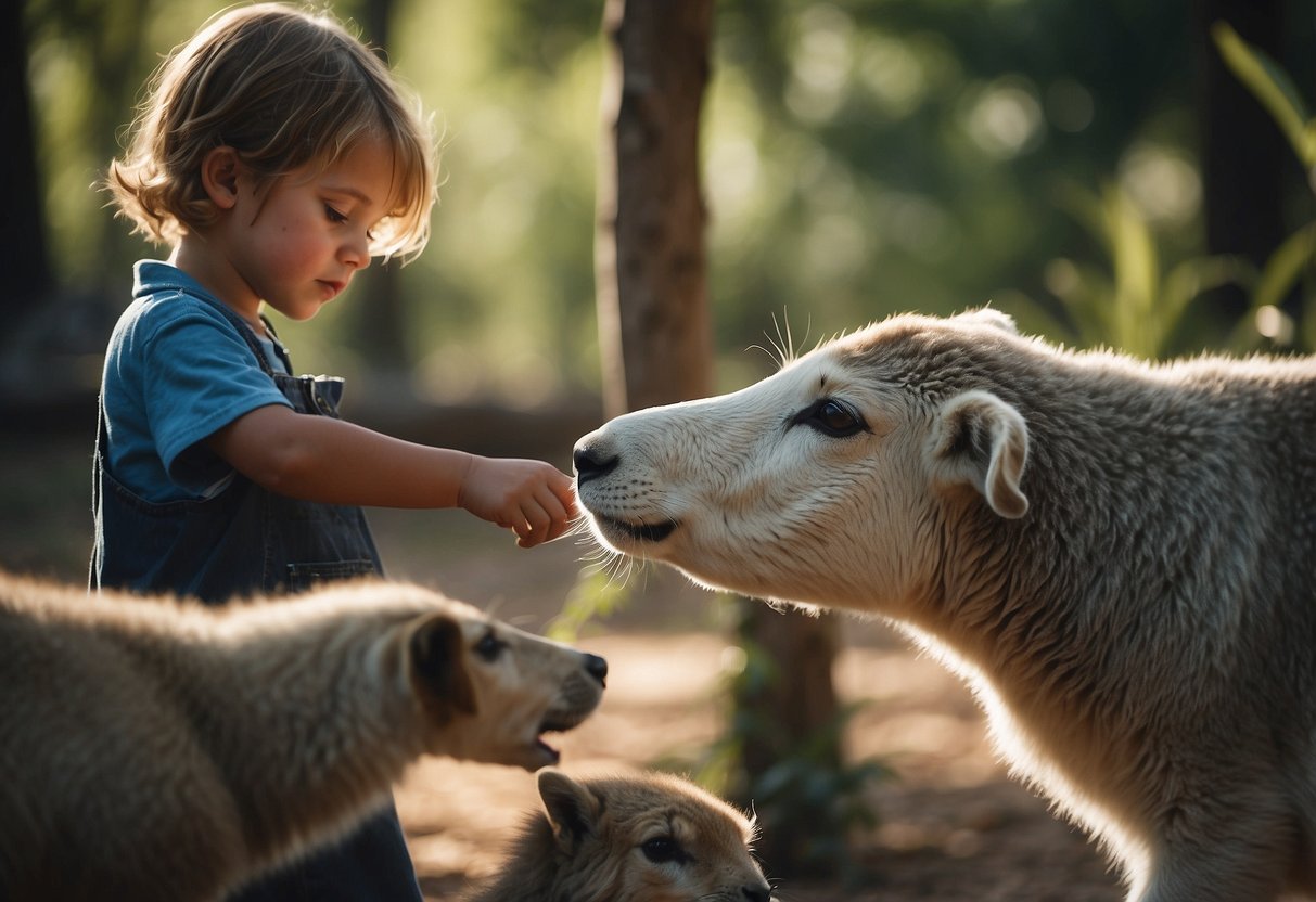 Children feeding and petting animals at a sanctuary. Observing animals in their natural environment. Learning about animal behavior and needs. Interacting with rescued animals. Engaging in educational activities about wildlife conservation