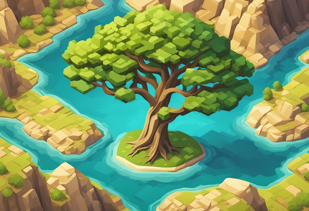 A lone tree stands tall amidst a barren landscape, its roots firmly anchored in the rocky ground, symbolizing resilience