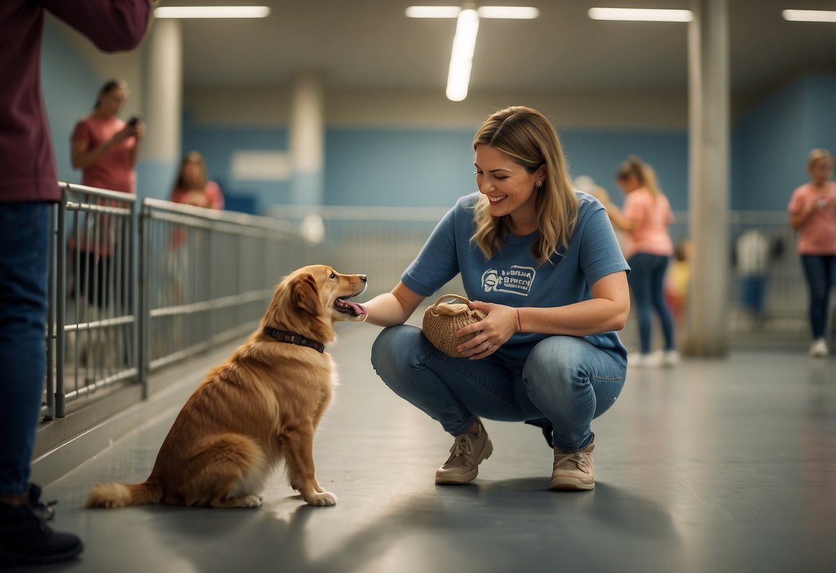 Volunteers caring for animals at shelters. Dogs and cats being fed and petted. Children observing and learning about respect for animals