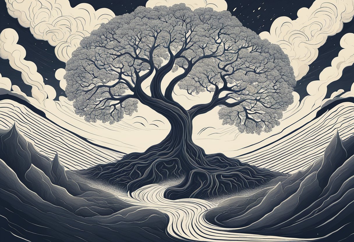 A lone tree stands tall amidst a storm, bending but not breaking. Its roots dig deep into the earth, symbolizing resilience and strength