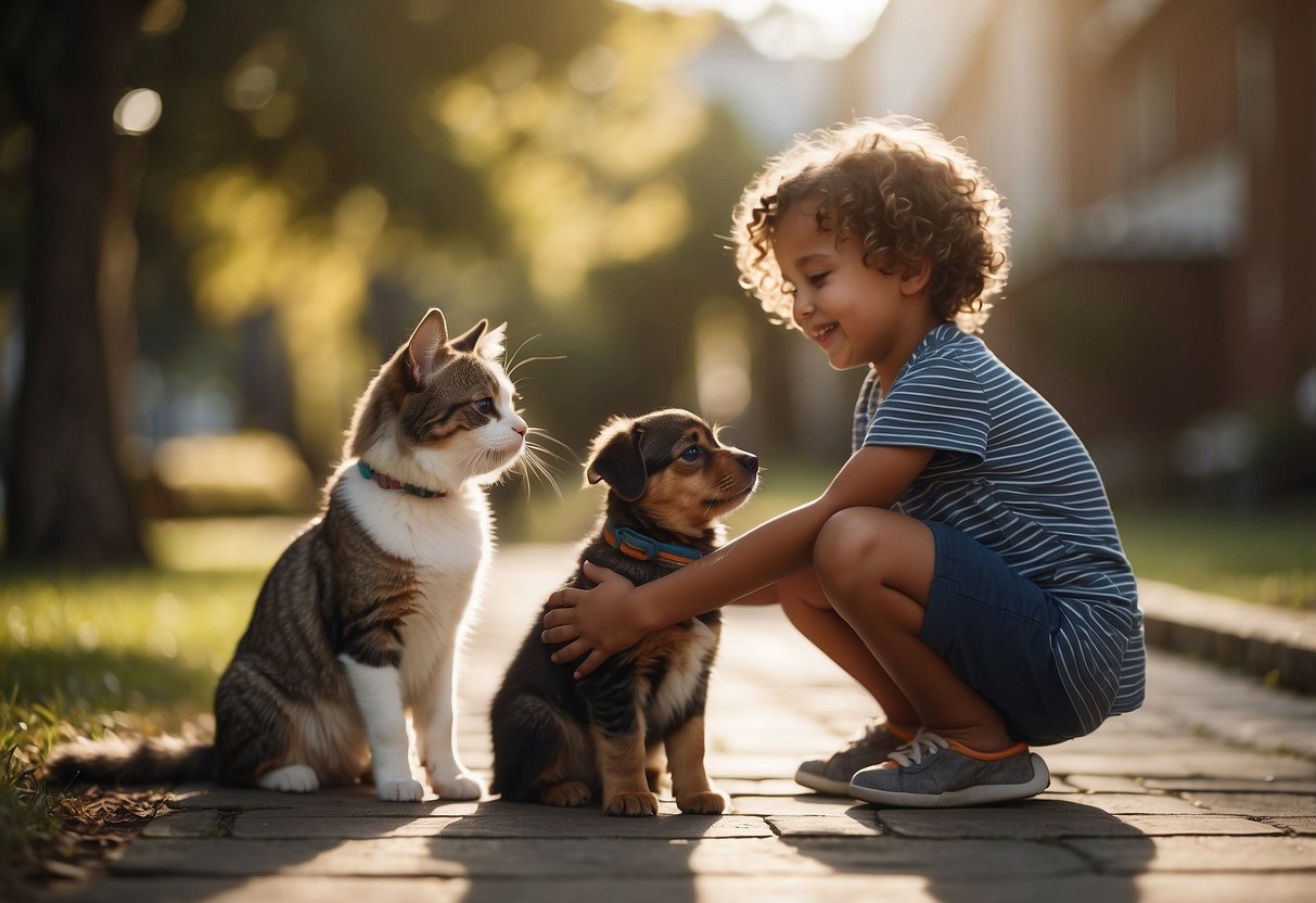 A child gently petting a calm dog, while another child speaks softly to a cat. Both children are smiling and showing respect for the animals